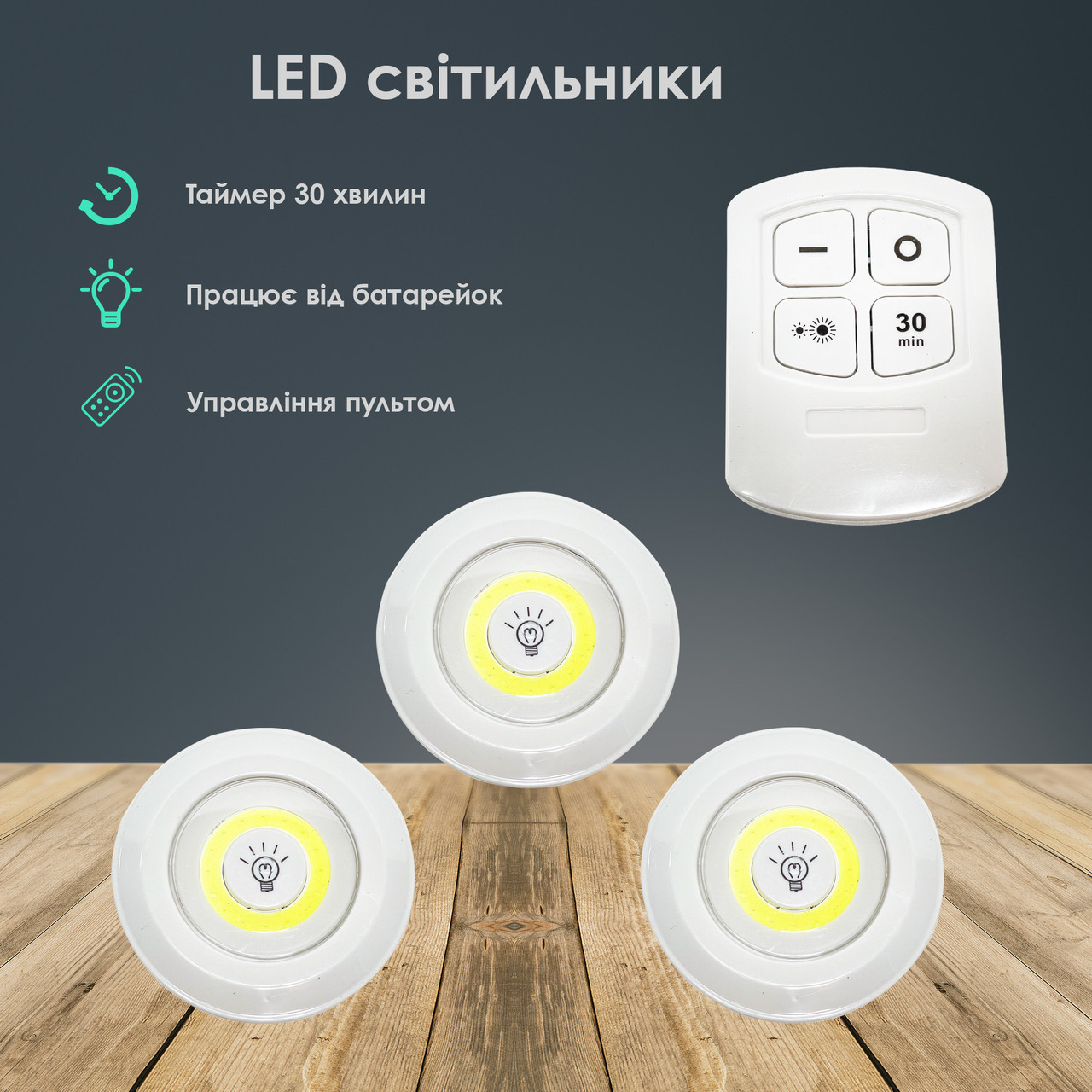 Світлодіодний LED світильник/нічник з пультом, набір із 3 світлодіодних ...
