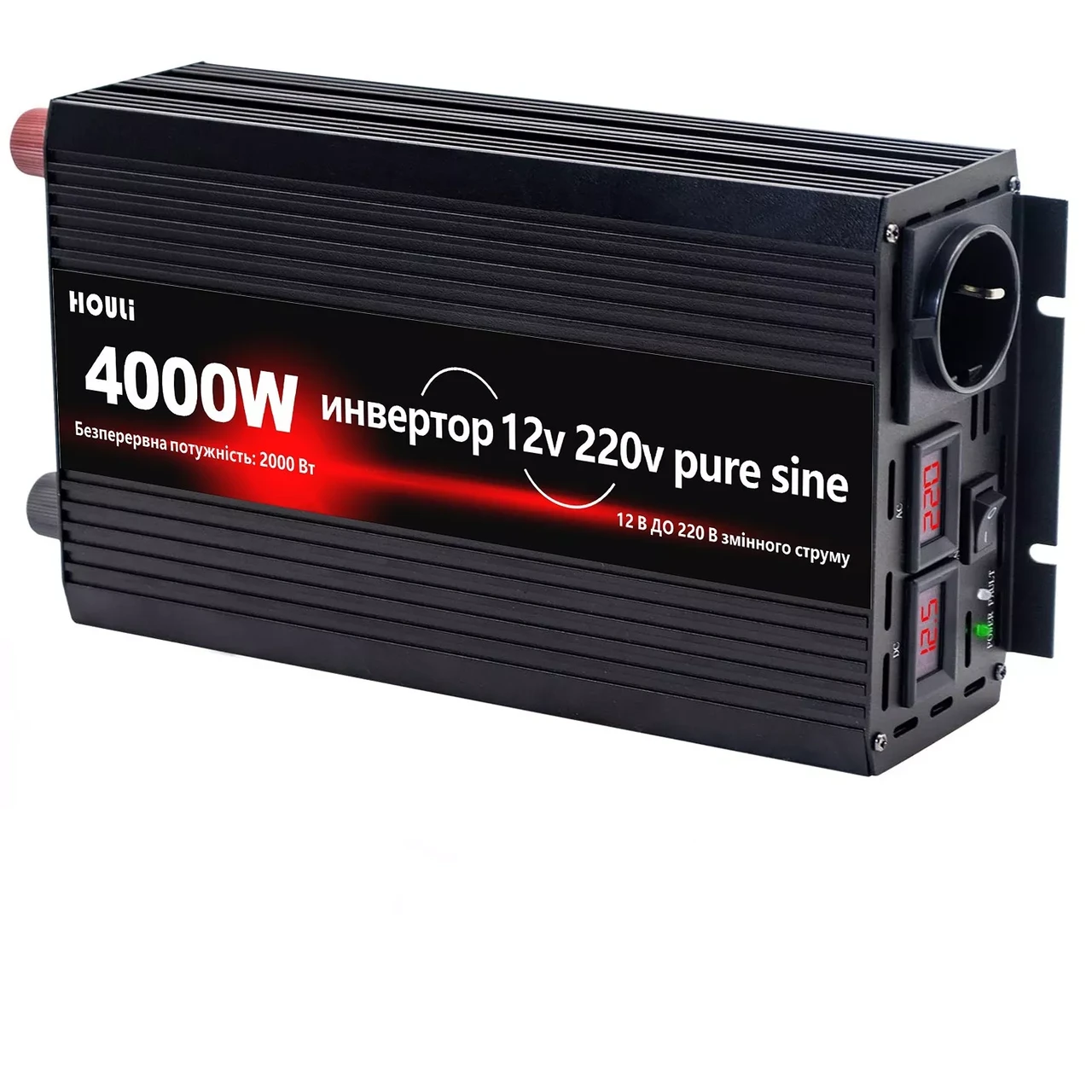 Інвертор, перетворювач напруги Houli 12V/220V 4000W/2000W — 50Hz чистий синус, фото 1