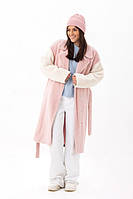 Пальто женское миди эко альпака, утепленное, дизайнерское, Розовый - белый - капучино, 48