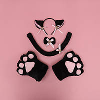 Набір: котячі Ободок вушка хвіст чокер рукавички чорні, ошатний кіт, аніме, косплей
