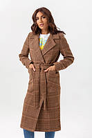 Пальто женское миди, демисезонное, шерстяное, осеннее весеннее, в клетку, Кофейный, 44