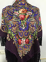 Женский платок с бахромой в украинском стиле Цветы 120 на 120 см Фиолетовый