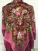 Женский платок с бахромой в украинском стиле Цветы 120 х 120 см розовый