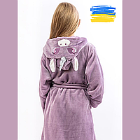Детский домашний халат единорожка сиреневый для девочек Теплый мягкий халат с капюшоном для дома на зиму 134