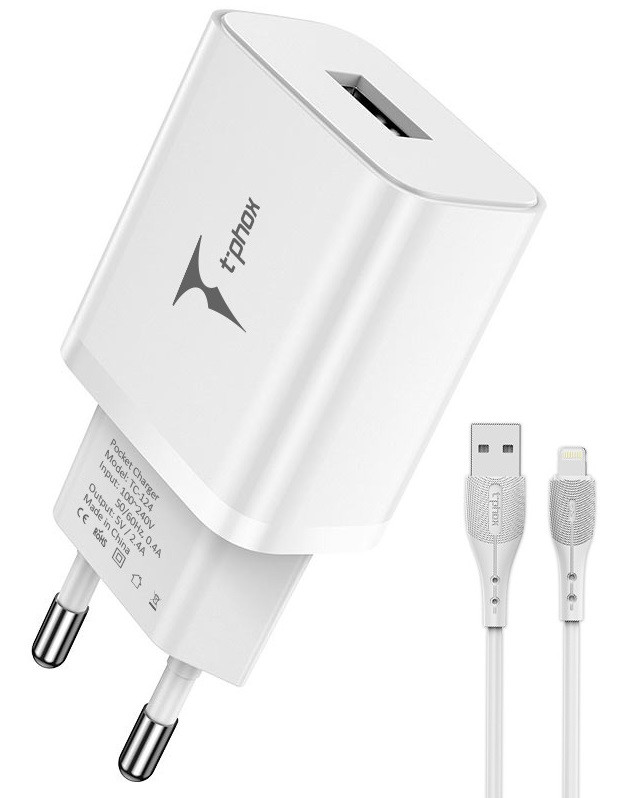 Мережевий зарядний пристрій T-PHOX TCC-124 Pocket USB + Lightning Cable White