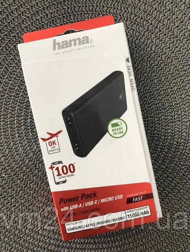 15000 mAh Повербанк Зовнішній акумулятор Hama Power Bank Grey для смартфона планшета ALU15HD