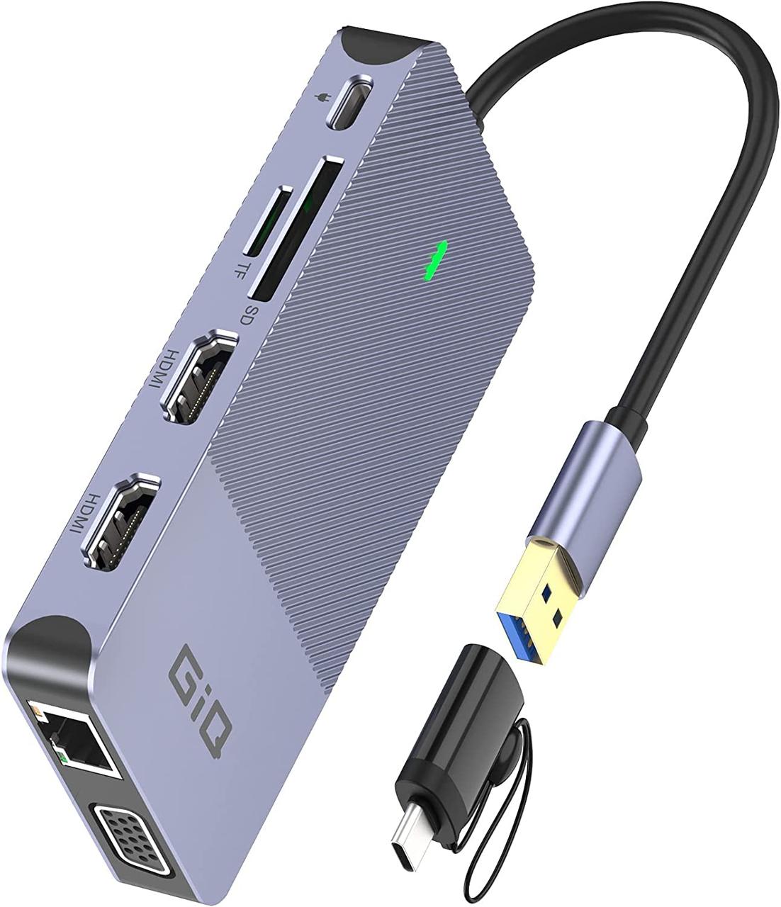 Док-станція USB Концентратор USB GIQ USB C Перехідник USB 3.0 на подвійний HDMI VGA Потрійний дисплей, фото 1