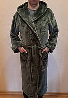 Мужской длинный домашний махровый халат с капюшоном, р.48,50,52,54,56 цвета хаки.