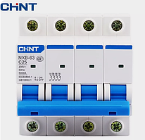 Модульний автоматичний вимикач CHINT Electric NXB-63 4P 25А 6 кА х-ка C для кріплення на DIN-рейку