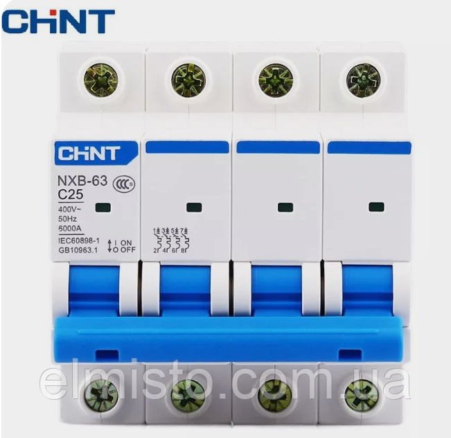 Модульный автоматический выключатель CHINT Electric NXB-63 4P 25А 6кА х-ка C для крепления на DIN-рейку - фото 1 - id-p1734703925