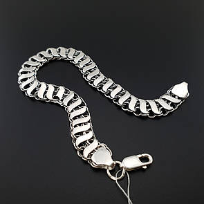 Срібний браслет чоловічий з накладками. Широкий браслет бісмарк подвійний з чорненого срібла 925 проби. 21 см