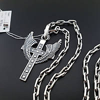 Мужская якорная серебряная цепочка с крестиком с крыльями ангела, серебро для мужчин