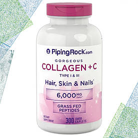 Колаген + З Piping Rock Collagen 6000 мг на порцію (Тип I і III) + Вітамін C 300 таблеток (каплетс)