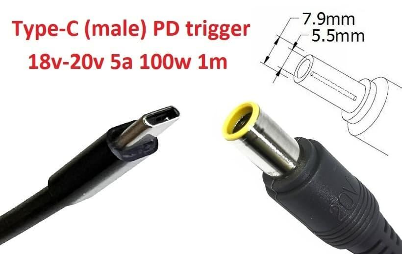 Кабель-перехідник тригер PD 18-20v Type-C (max 5a, 100w) на 7.9x5.5 or 8.0x7.4mm (+pin) 1m з USB Type-C (male) Power Delivery PD