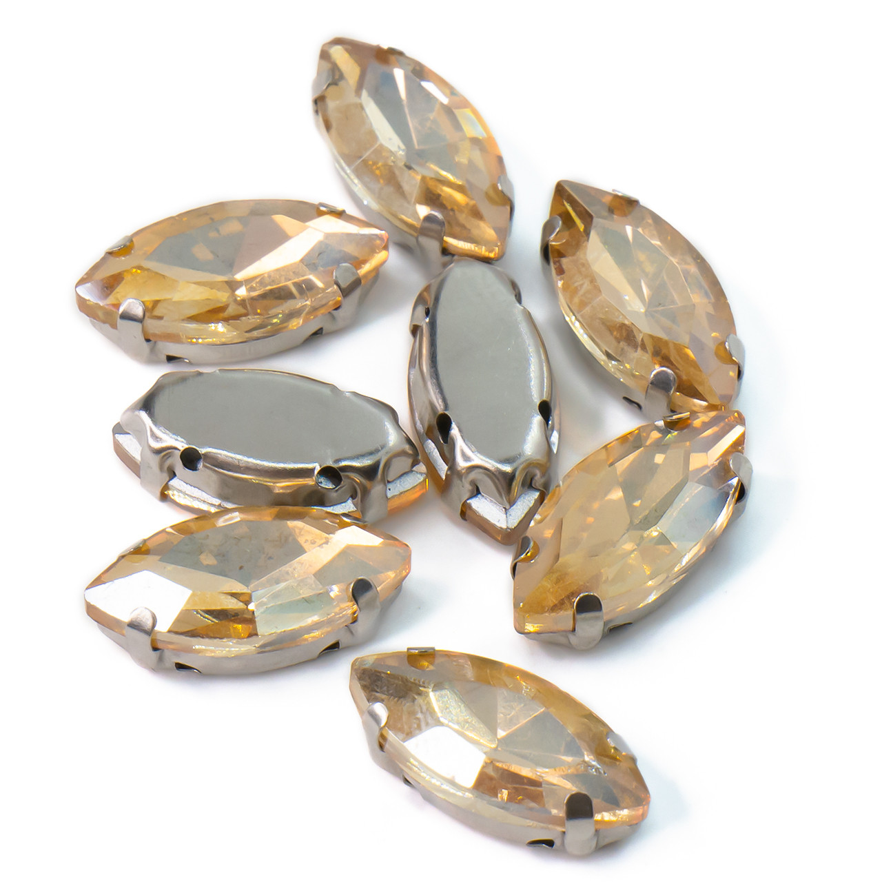 Стрази в оправі пришивні Човник 7х15 мм Шампань 10 шт., фото 1