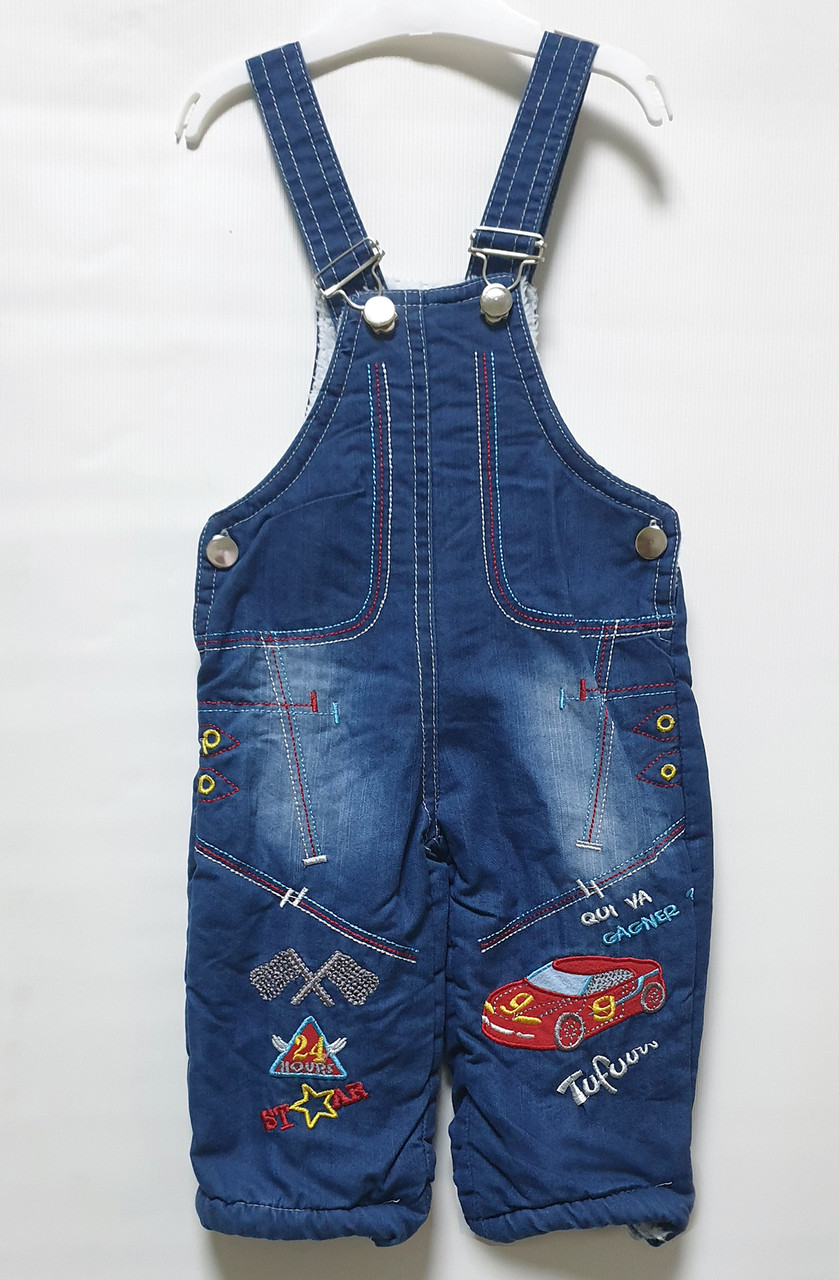 Комбінезон джинсовий для хлопчика, на бретелях, всередині махра, з малюнком Авто, Baby Point (розмір 1 (86))