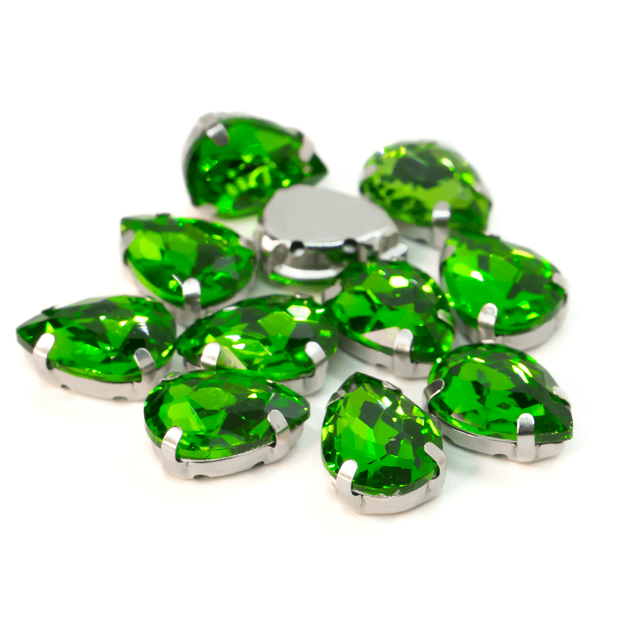 Стрази в оправі пришивні Крапля 10х14 мм Салатовий 10 шт., фото 1