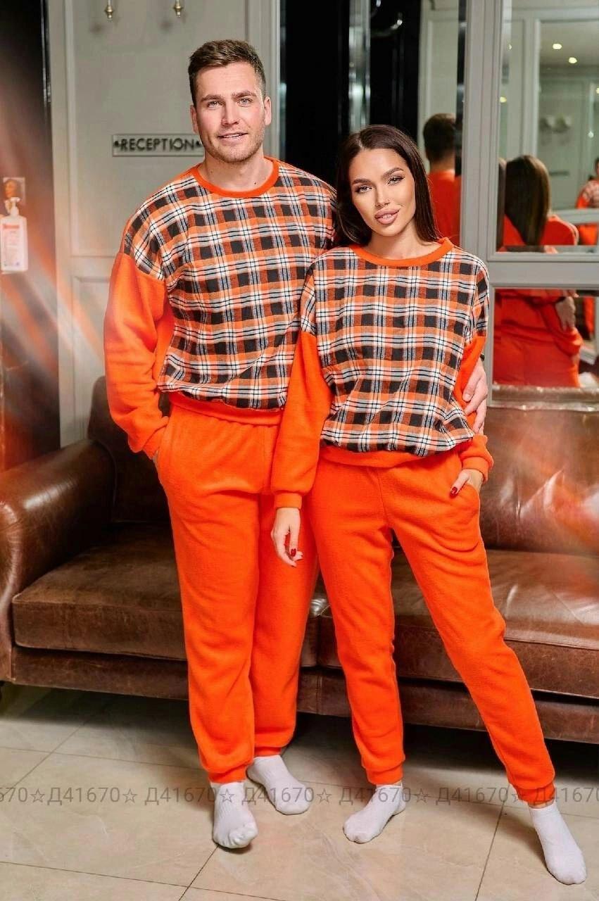 Парні піжами чоловіча та жіноча, для нього та для неї. Тканина:фліс з начосом+байка клітка.Колір:сірий,оранж,синій,беж., фото 1