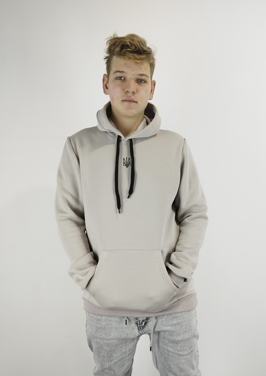 Худі з вишивкою ТРИЗУБ колір бежевий на флісі S,M,L,XL,XXL