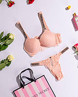 Комплект женского нижнего белья Victoria`s Secret Модель Кружева Виктория Сикрет цвет персиковий