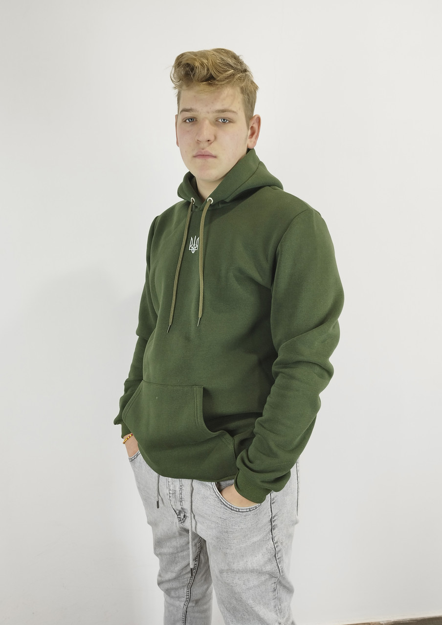 Худі з вишивкою ТРИЗУБ колір хакі на флісі S,M,L,XL,XXL
