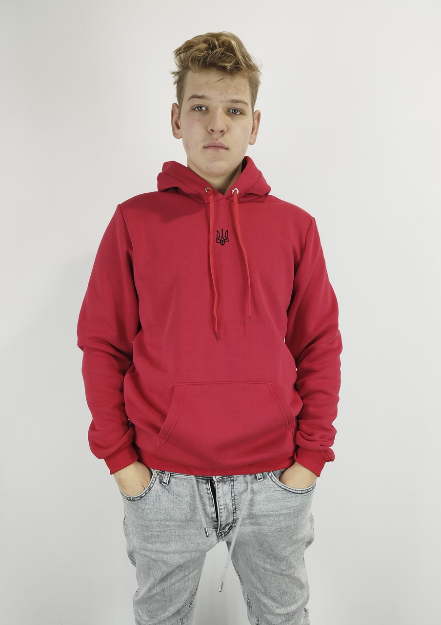 Худі з вишивкою ТРИЗУБ колір червоний на флісі S,M,L,XL,XXL