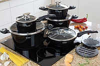 Набор кухонной посуды 15 предметов Edenberg EB-5613 Набор кастрюль казанов с мраморным покрытием Черный Подро