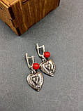 Срібні сережки з натуральним Коралом і підвісками Серце Ісуса з нейзильберу, фото 5