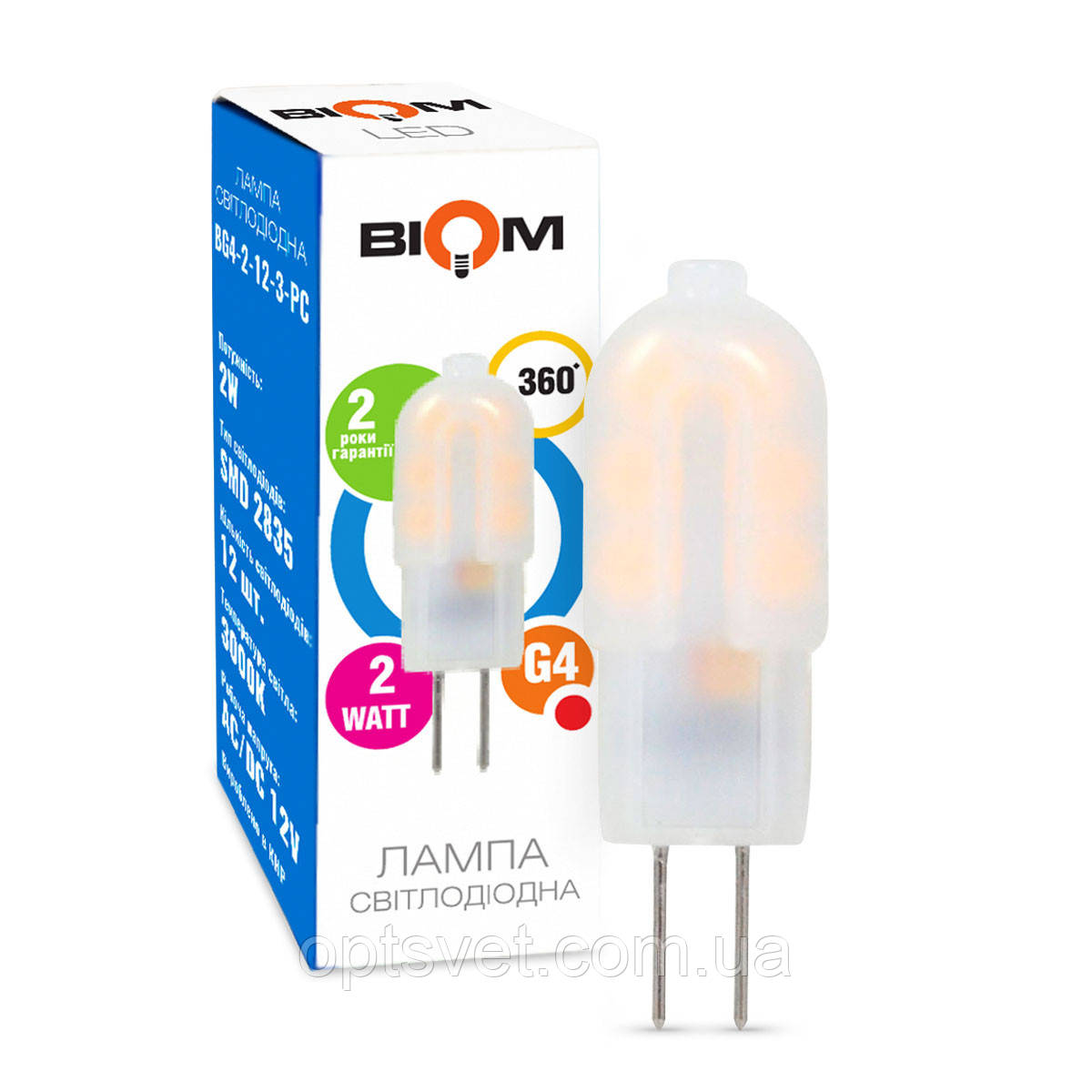 Світлодіодна лампа Biom G4 2 W 2835 PC 3000 K AC/DC12