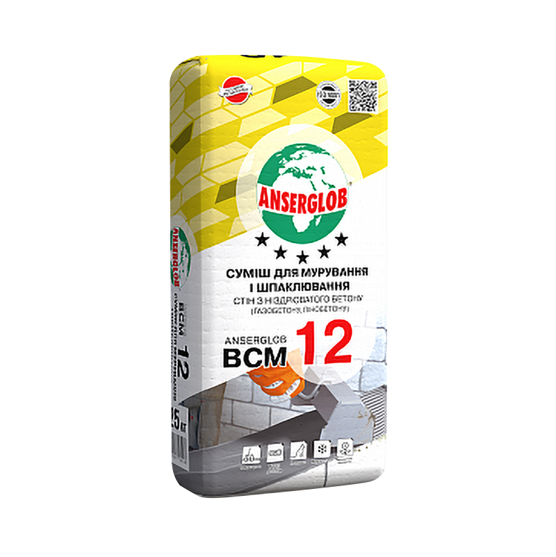 Клей-шпаклівка Ansermlob BCM 12 Зима від -5 °C (25 кг) для пористих блоків (Ансерглоб)
