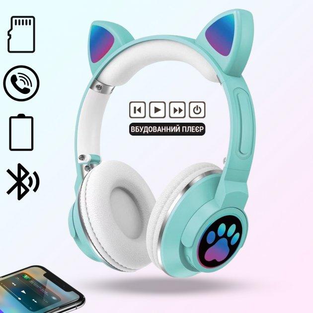 Дитячі бездротові навушники котячі вушка CAT ME1-CE Bluetooth з LED-підсвіткою і MicroSD до 32 Гб Зелені
