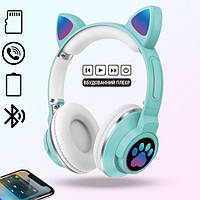 Детские беспроводные наушники кошачьи ушки CAT ME1-CE Bluetooth с LED подсветкой и MicroSD до 32Гб Зеленые