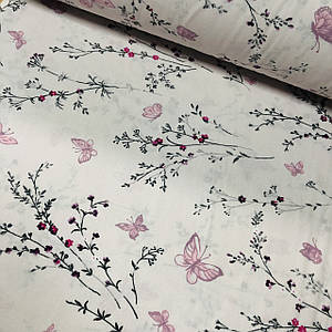 Фланелева тканина гілочки з дрібними квіточками та метеликами на світло-рожевому (шир. 2,4 м)(FL-SA-0732)