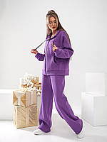 Теплый женский спортивный костюм - худи на молнии с брюками палаццо арт. 466 фиолетового цвета / фиолетовый