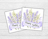 Мини открытка "Happy Birthday!" сиреневые цветы для подарков, цветов, букетов (бирочка)
