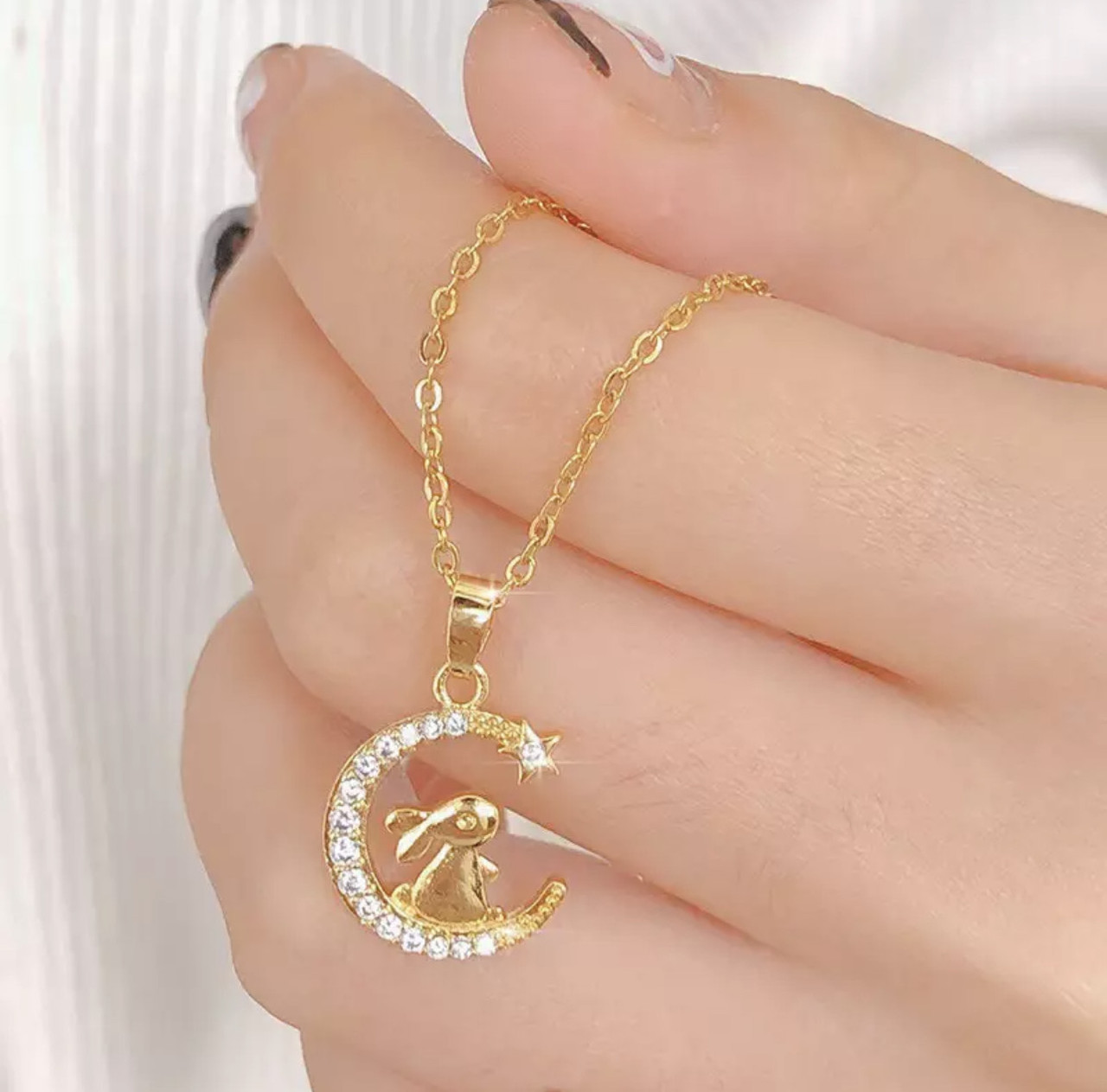 Золота підвіска місячний кролик на Місяці Swarovski для удачі, фото 1