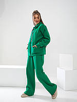 Теплый женский спортивный костюм - худи на молнии с брюками палаццо арт. 466 зеленого цвета / трава