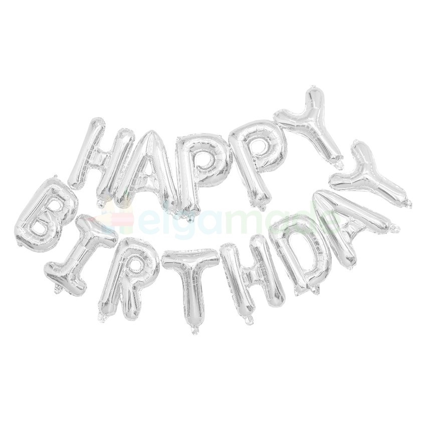 Фольговані кулі напис "Happy Birthday", СРІБЛО, 16" (40 см)