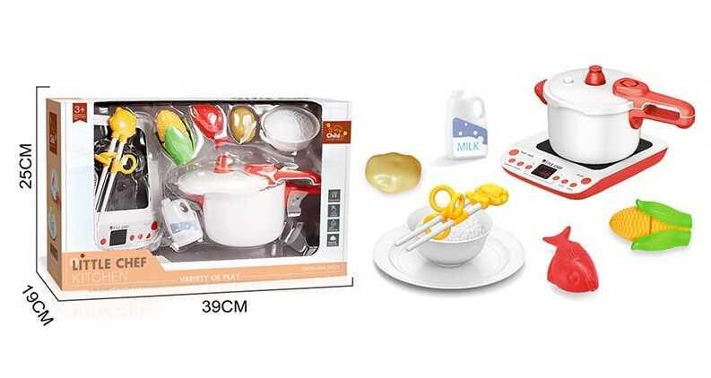 Іграшкова плита з посудом BC 9008, з продуктами на липучках, 9 елементів, фото 1