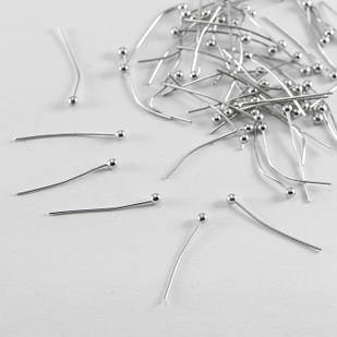 Піни з Шариком, Латунь, Колір: Платина, Розмір 25х0.5мм, Кульк 2 мм, 100 шт