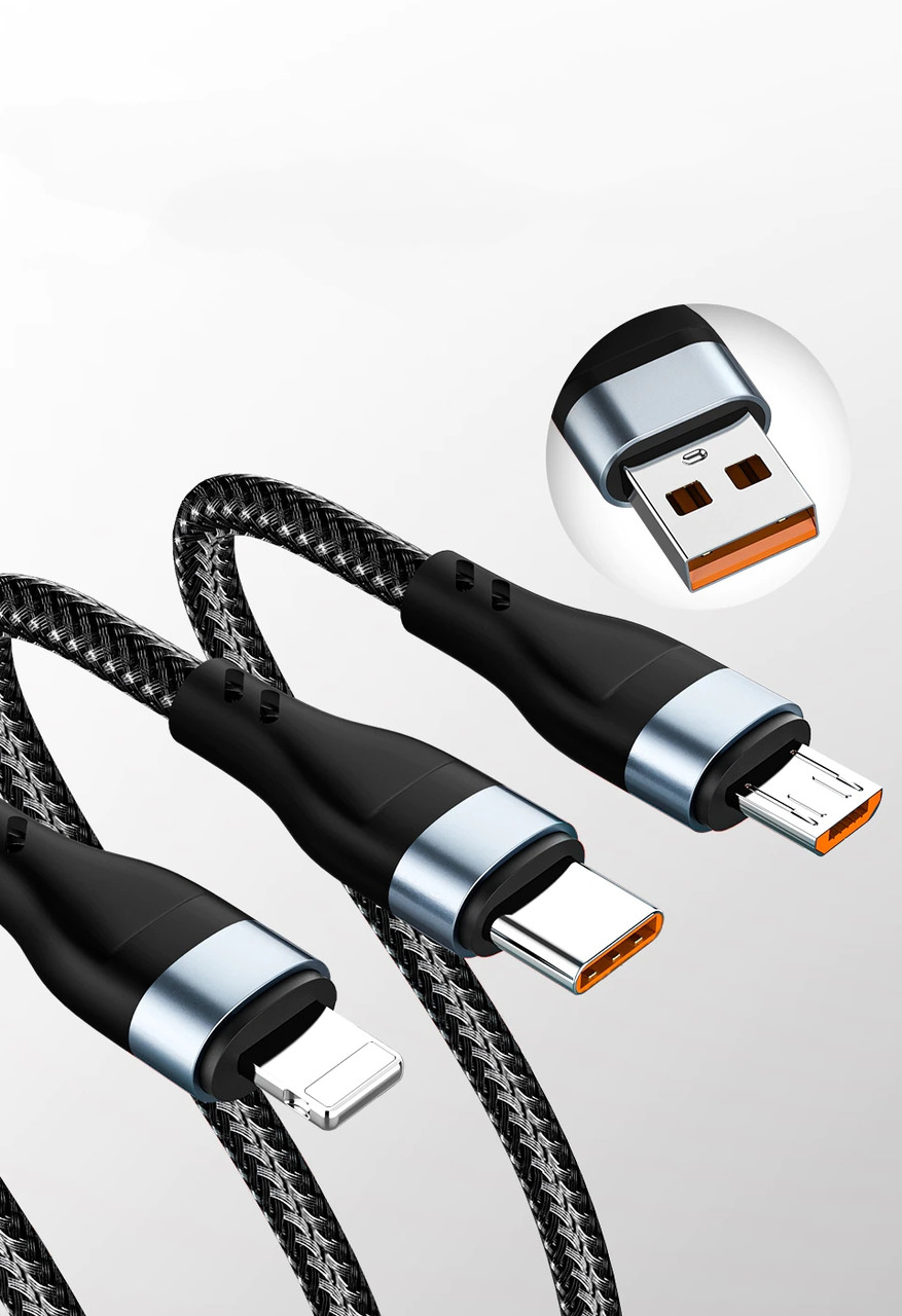 Кабель 3в1 тканинний 6A 100W (Lightning+MicroUSB+Type-C)