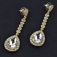 Сережки гвоздики металеві золотисті з кришталевими камінчиками крапельки довжина 7,5 см ширина 20 мм