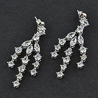 Сережки гвоздики металеві сріблясті з кришталевими камінчиками люстри гілочки довжина 5 см ширина 13 мм