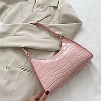 Женская маленькая сумочка через плечо багет на ремешке рептилия крокодиловая кожа розовая