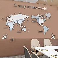 Пластиковая зеркальная наклейка на стену Серебро Большая карта мира 1400 х 2800 см