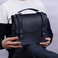 Чоловіча шкіряна сумка портфель через плече/ Ділова сумка з верхньою ручкою для чоловіків/ Синя сумка месенджер