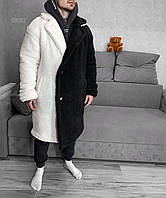 Мужская Шуба плюшевая оверсайз двухцветная белая с черным теплая мягкая | Мужское плюшевое пальто