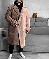 Мужская Шуба плюшевая оверсайз двухцветная бежевая теплая мягкая | Мужское плюшевое пальто