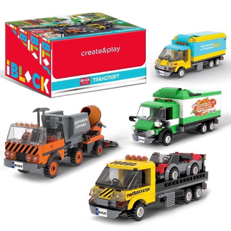 Конструктор PL-921-440 IBLOCK ТРАНСПОРТ, 4 вида у дісплей боксі 215-227дет,інструкція на укр мові, наліпки