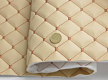 Відріз 1,65м, Шкірзам стьобаний бежевий «Ромб» (прошитий мідною ниткою) дубльований синтепоном і флізеліном, шир. 135см